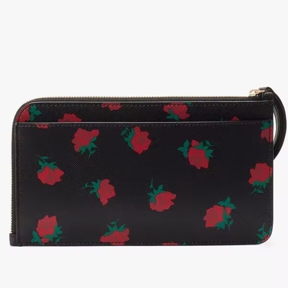 Kate Spade Rose Floral Print Lucy Medium L-Zip Black PVC Wristlet One Size NWT - Picture 3 of 16